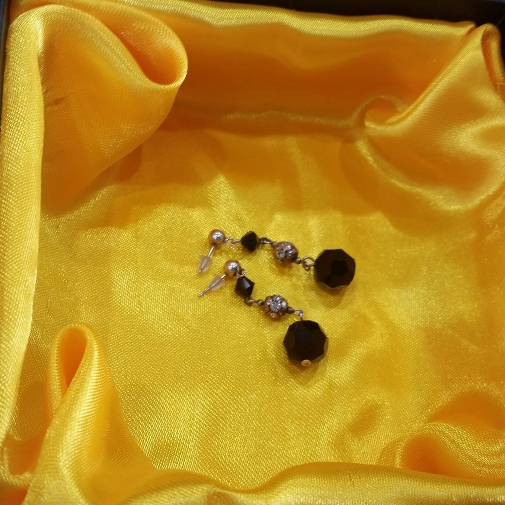 Black Glass & Silver Tone Bead Dangling Dressy Earrings